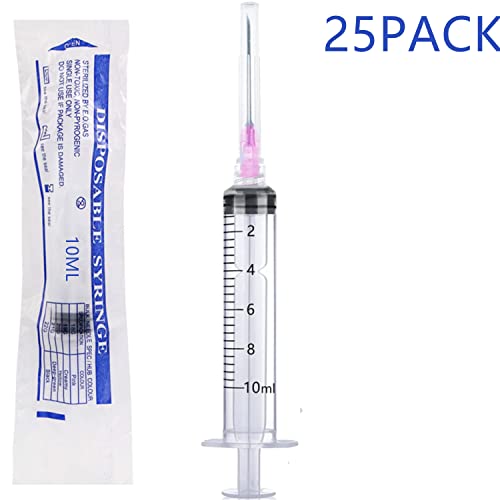 25 Pack 10ml Plastic Syringes with 18Ga (Individually Sealed Packaging)
